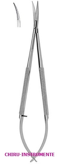 Mikroschere, 18 cm, 14 mm Schneide, Rundgriff, gebogen, sp./sp. Mikroschere, 18 cm, 14 mm Schneide, Rundgriff, gebogen, sp./sp.