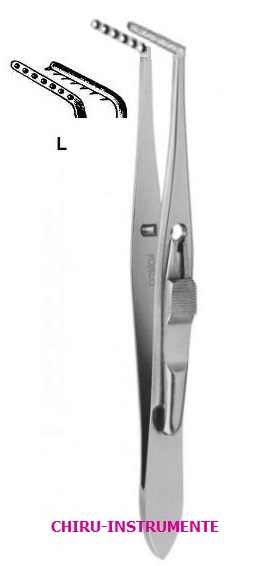 JAMESON Strabismuspinzette, links abgewinkelt, 12mm skaliertes Maul, 1mm Zähne, 10cm