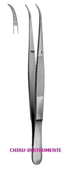 Dissecting forceps, 11.5 cm (4 ½")curved, serrated, fine, with pin