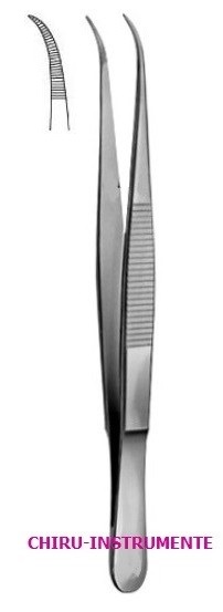 Dissecting forceps, 9 cm (3 ½"), curved, serrated, fine, without pin