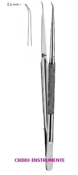 Micro forceps, 0, 6 mm,  18 cm (7"), curved, serrated