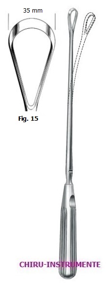 BUMM uterine curette, fig. 15, 35 mm, 34 cm (13 ½"), sharp, malleable