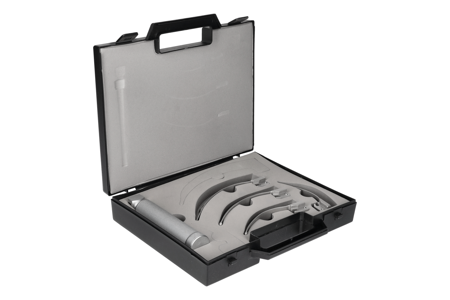 MACINTOSH Laryngoskop Set, 4 Spatel Fig. 1, 2, 3, 4, mittlerer Griff,matt, Warmlicht, mit Koffer MACINTOSH Laryngoskop Set, 4 Spatel Fig. 1, 2, 3, 4, mittlerer Griff,matt, Warmlicht, mit Koffer
