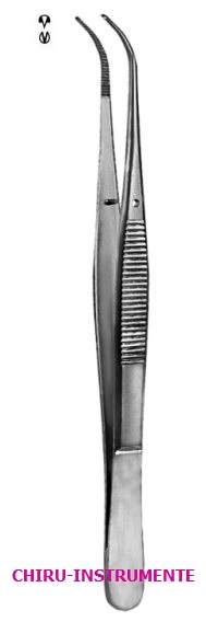 Tissue forceps, 1 x 2 teeth,  14.5 cm (5 ½"), curved, serrated, narrow