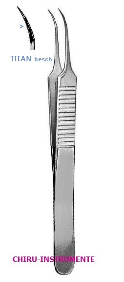 MOD. TÜBINGEN Iris Pinzette, N°3, gebogen, mit Titan Fadenplatte, 10cm MOD. TÜBINGEN Iris Pinzette, N°3, gebogen, mit Titan Fadenplatte, 10cm