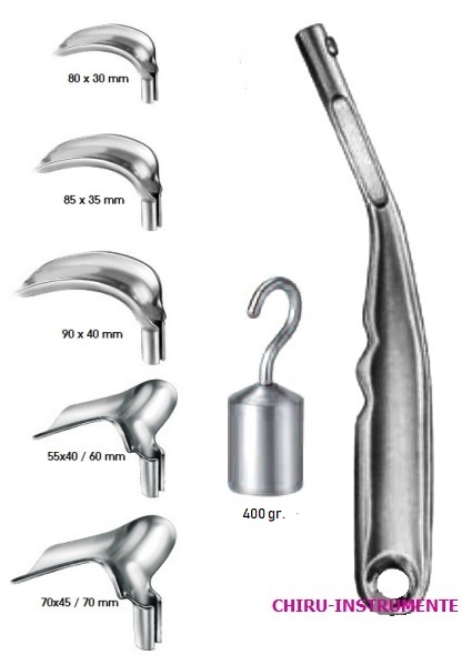SCHERBAK vaginal specula set, 1x handle, 1x weight 400 g, 5 blades fig. 1 - fig. 5, blades 32-1490.01 to 32-1490.05