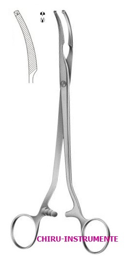 MIKULICZ Peritoneumklemme gebogen, mit Schraube, 1x2 Zähne, 18,5 cm